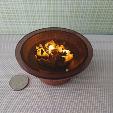 RESERVED 1:12 Dollhouse miniature fire pit Battery operated firepit in copper tone with flickering embers and wood sticks Dual function firepit/ patio coffee table