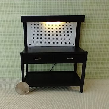 1:12 dollhouse multi-purpose black work bench with peg board AND built-in battery operated light and two working drawers