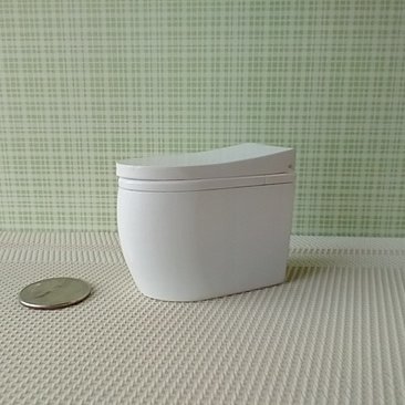 RESERVED 1:12 dollhouse miniature modern elongated toilet inspired by Japanese tankless double flush one-piece floor mount toilet