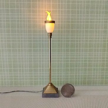1:12 Dollhouse torch light with flickering flames Battery operated floor light brass post on faux concrete stone with external wires Price is for EACH