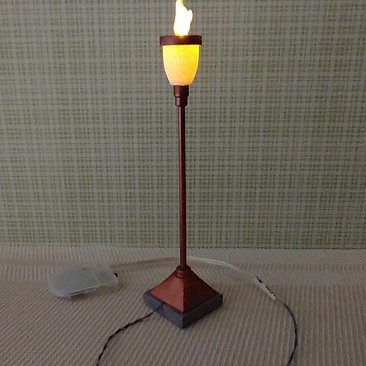 1:12 Dollhouse torch light with flickering flames Battery operated floor light brass post on faux concrete stone with external wires REF Copper finish