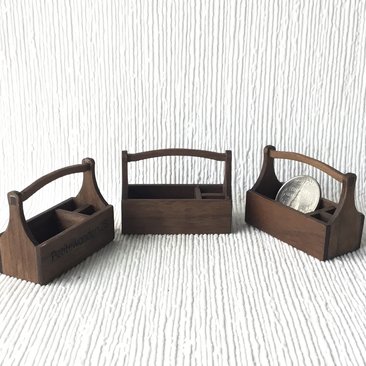 1:12 dollhouse tool tote in solid walnut Miniature tool tote for wood shop or gardening Each tote comes with 4 tools Price is for ONE tote and tools set