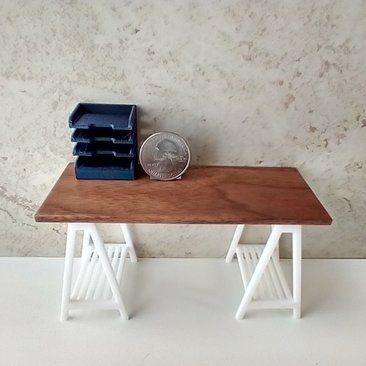 1:12 dollhouse miniature 4-tier letter paper tray organizer for desktop or craft room REF Metallic blue w notched front edges PRICE is for EACH organizer