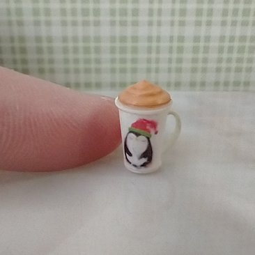 1:12 scale dollhouse winter themed mug with cream lid Hot cocoa mug in cream white REF Cream white cocoa mug