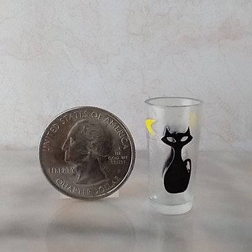 1:6 Play scale dollhouse miniature MCM themed tumbler with atomic cat and boomerang decals REF Clear