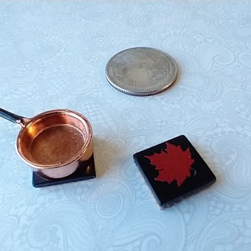 1:12 Dollhouse kitchen accessory Faux black ceramic trivet with maple leaf decal cork backing PRICE is for EACH Reference red leaf