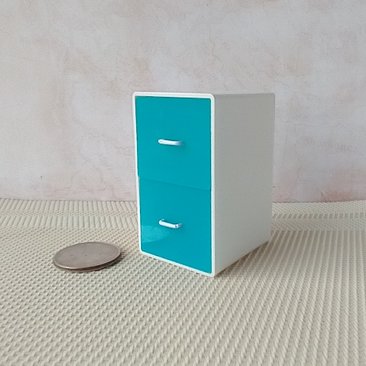 1:12 Dollhouse 2-drawer filing cabinet with rounded corners contemporary style for mini home office or craft room REF Turquoise filing