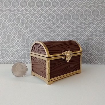 1:12 scale miniature battery lighted treasure chest in chocolate color wood grain texture lights up when lid is open