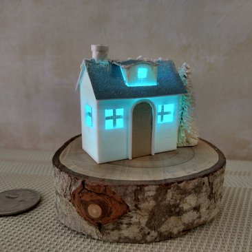 1:12 scale lighted white cottage with slow color changing LED Battery operated miniature holiday decor No external wires