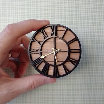 1:12 Dollhouse farmhouse wall clock with roman numerals Faux wrought iron and hickory wall clock Decorative non-working dollhouse clock
