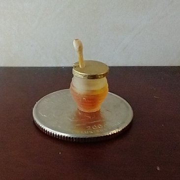 1:12 Dollhouse clear beehive honey jar with immersed wooden dipper and removable golden lid REF Golden lid