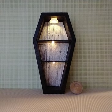 1:12 scale dollhouse miniature Halloween book shelf Black coffin display case Battery lighted Halloween display unit to showcase your mini Halloween treasures