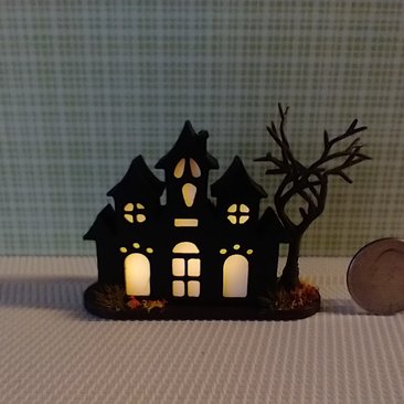 RESERVED Miniature light up halloween haunted house with leafless tree Battery operated for 1-inch scale or play scale REF 2