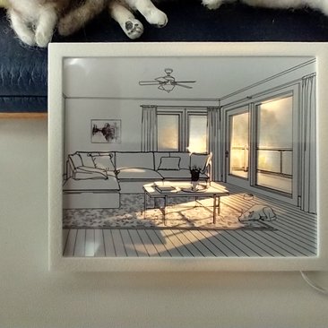1:12 scale dollhouse light box painting or battery powered light and shadows painting REF White frame + ceiling fan