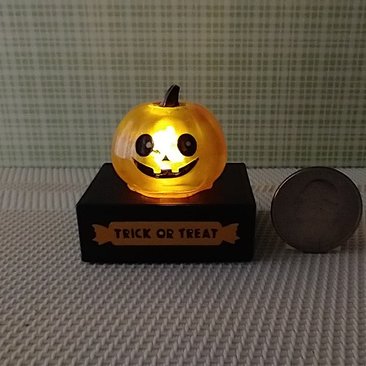 Battery lighted miniature faux glass Jack-o-Lantern Pumpkin light on black stand Halloween light for 1-inch scale or play scale