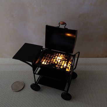 1:12 Dollhouse BBQ grill (metal) with battery operated charcoal glowing / flickering insert Upgraded grate and enlarged surface / service area for grilled goodies