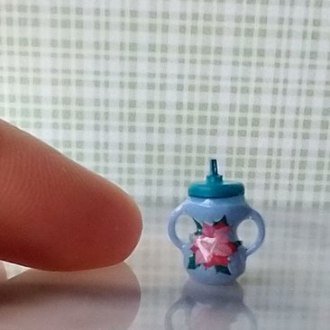 Dollhouse miniature holiday-themed sippy cup with easy grip handles REF Teal lid, poinsettia, stocking