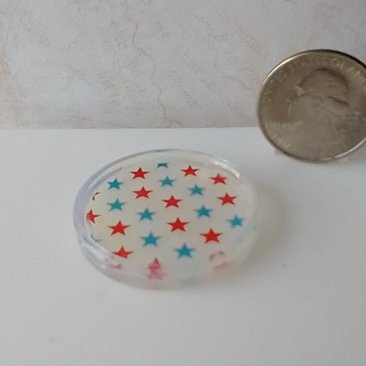 1:12 scale round serving tray faux acrylic tray with red blue stars on white background July 4th party tray REF July 4th
