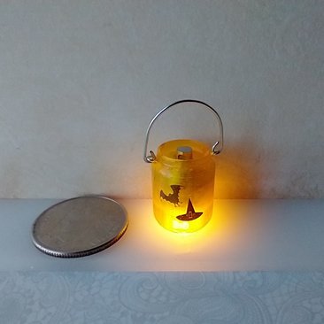 1:12 Dollhouse Halloween Mason jar inspired light DIY styled Halloween light Orange jar light with witch REF Blue witch n orange