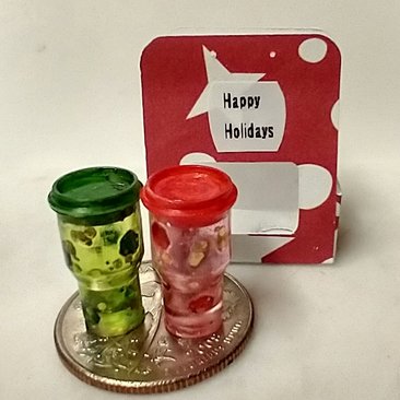 1:12 Dollhouse miniature two tumblers gift set Festive travel mugs with removable lids