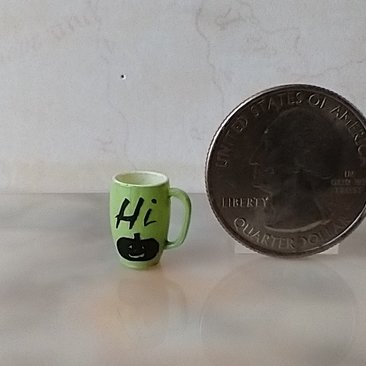 1:12 Dollhouse miniature green mug with Jack O lantern face and "Hi" pumpkin Halloween mug PRICE is for ONE REF Green Hi