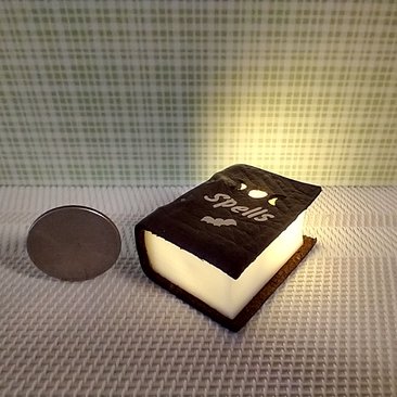 Mini leather bound book of spells Battery lighted Halloween spell book Halloween decor REF Medium brown leather
