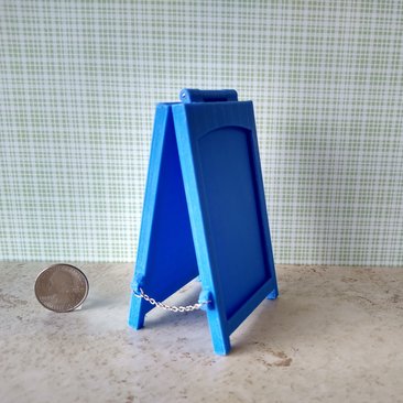 1:12 scale miniature sidewalk sign holder, 2-sided for changeable sinage Hinged and fold-flat for storage REF Credit card size - Blue