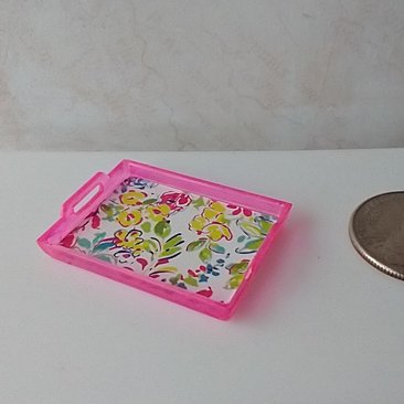 1:12 scale rectangular serving tray with spring florals translucent pink surround and two handles