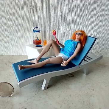 1:12 scale dollhouse chaise lounge with adjustable recline positions - for patio / deck / backyard / pool side / beach REF Blue