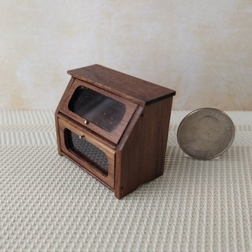 1:12 Dollhouse 2-tier bread box or goodies box with hinged doors and clear windows in solid walnut