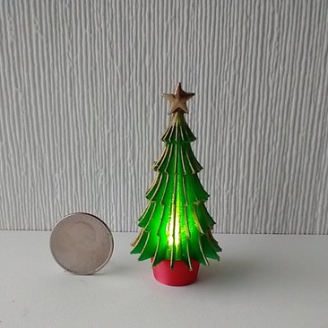 Dollhouse miniature light up Christmas tree Battery lighted Xmas tree with balloon LED bulb in a pot REF Green tree red pot