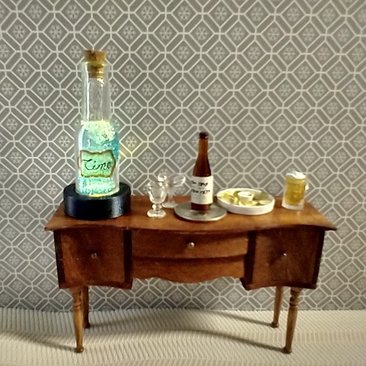 Dollhouse miniature battery lighted glass bottle blue glitter bubbles and "Time" tag inside bottle for 12th or play scale dioramas No external wires
