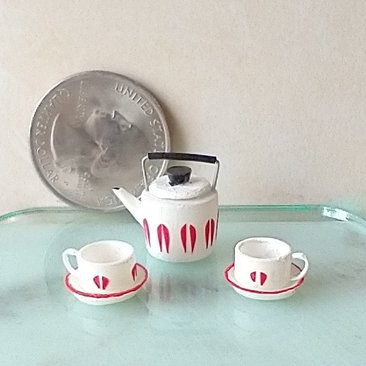 1:12 Dollhouse white teapot and cups set Mid-century modern themed tea set of the 70s MCM teapot set