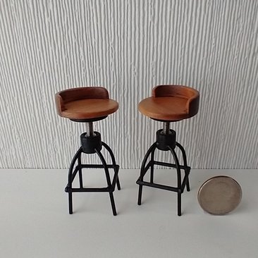 1:12 scale set of two barstools with low back cherry seat and brass legs Industrial style with adjustable seat height