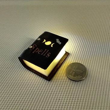 Mini leather bound book of spells Battery lighted Halloween spell book Halloween decor REF Thick brown leather