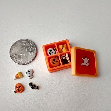 1:12 scale miniature gift boxed Halloween cookies 16 assorted pumpkins skulls candy corn and bats in box with dividers and clear window REF Orange base