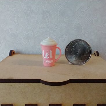 Play scale 1:6 or Barbie winter themed mug with cream lid for 12-inch dolls REF Pink with snowflake & Let it snow texts