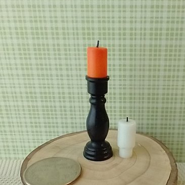 1:12 or play scale black candlestick holder with two removable candles (white and orange) REF Resin tall holder