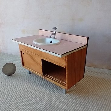 RESERVED 1:12 Dollhouse mid-century styled bath single sink vanity cabinet Angled cabinet undermount sink with backsplash and sliding doors