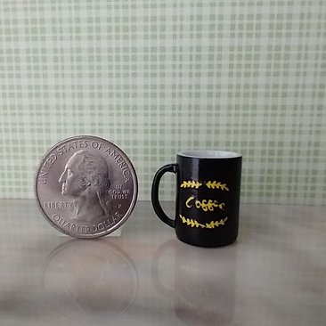 Play scale 1:6 or Barbie dollhouse black coffee mug with vinyl decals for 12-inch dolls REF Yellow texts