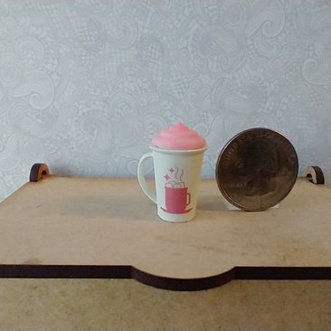 Play scale 1:6 or Barbie winter themed mug with cream lid for 12-inch dolls REF Milk white with pink cream lid
