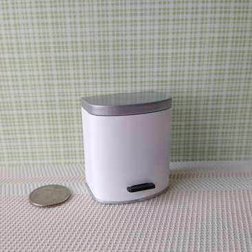 1:12 Dollhouse kitchen trash can in white finish with black pedal hinged silvery lid Modern styled trash can Kitchen garbagge can