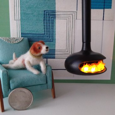1:12 Dollhouse miniature hanging modern fireplace with battery operated flickering insert REF Black