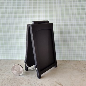 1:12 scale miniature sidewalk sign holder, 2-sided for changeable sinage Hinged and fold-flat for storage REF Credit card size - Black