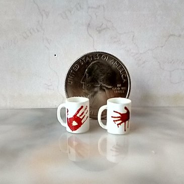 1:12 Dollhouse miniature white mug with bloody hand print and blood spatter PRICE is for ONE REF Bloody
