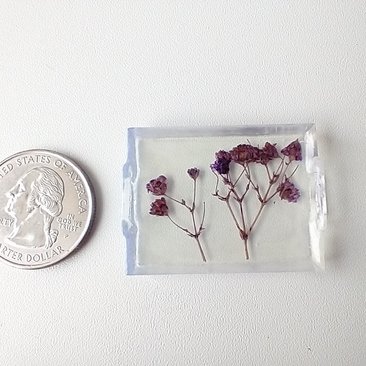 1:12 scale rectangular serving tray with pressed purple flowers Faux lucite tray with handles