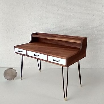 1:12 Dollhouse miniature mid-century modern style writing desk in solid walnut with a working drawer and hairpin legs