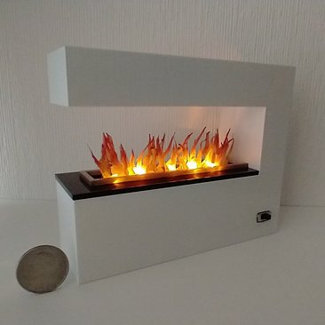 1:12 Dollhouse modern fireplace in white also as a room divider with battery operated flickering insert on two AAA batteries