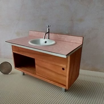 1:12 Dollhouse mid-century styled bath single sink vanity cabinet Angled cabinet undermount sink with backsplash and sliding doors