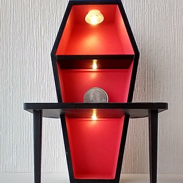 1:12 Dollhouse battery lighted coffin showcase with 3 LEDs and a built-in table